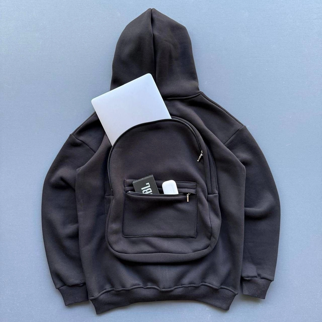 Kadın 3 İplik Şardonlu Tam Fermuarlı Kapüşonlu Arka Çanta Detaylı Sweatshirt - Siyah