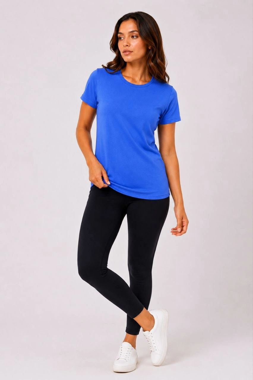 Kadın Basic Bisiklet Yaka Yazlık Slim fit T-Shirt - Mavi & Hardal Sarısı
