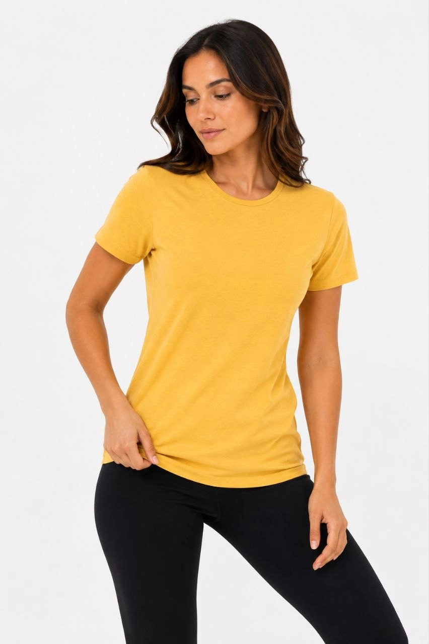 Kadın Basic Bisiklet Yaka Yazlık Slim fit T-Shirt - Mavi & Hardal Sarısı