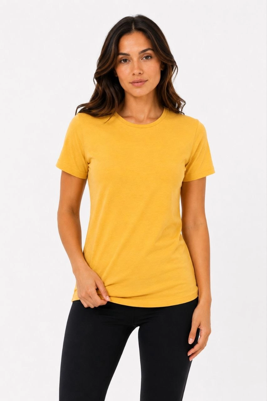 Kadın Basic Bisiklet Yaka Yazlık Slim fit T-Shirt - Mavi & Hardal Sarısı