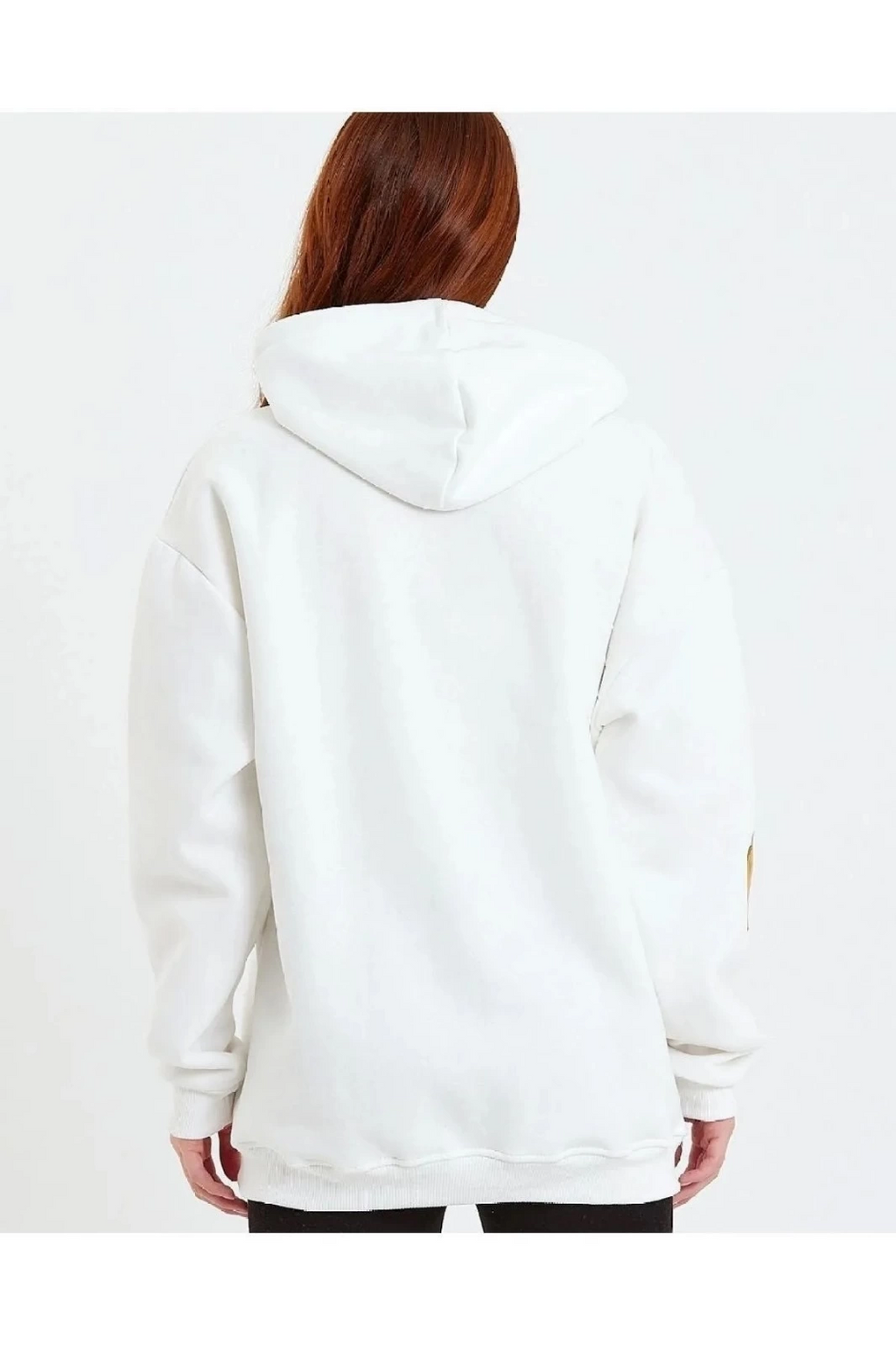 Kadın Oversize Kapüşonlu Cepli Ön Kol Baskılı 3 İplik Pamuklu Hoodie Sweatshirt - Beyaz