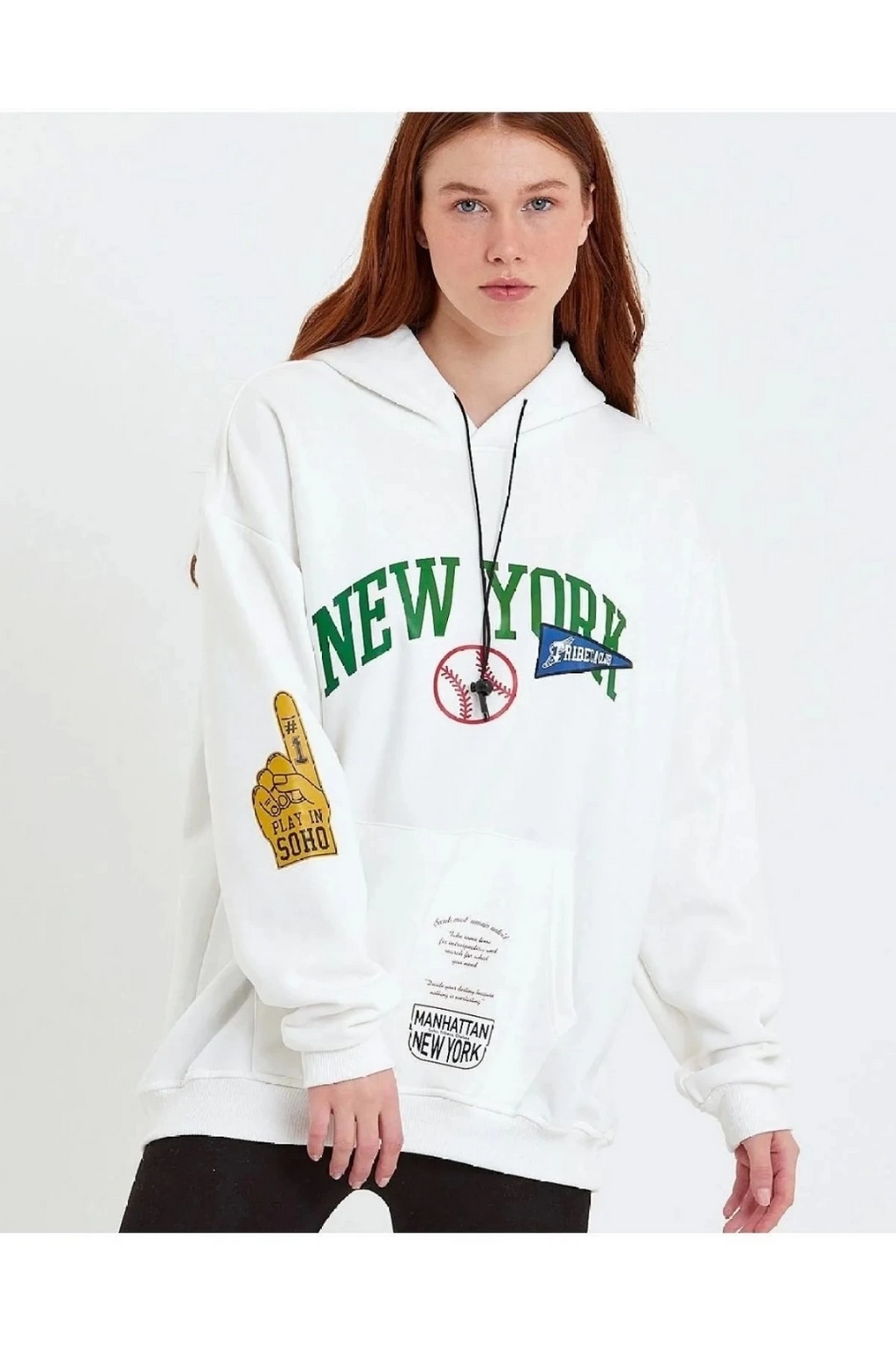 Kadın Oversize Kapüşonlu Cepli Ön Kol Baskılı 3 İplik Pamuklu Hoodie Sweatshirt - Beyaz