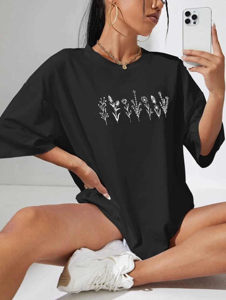 Kadın Baskılı T-Shirt Kısa Kol Bisiklet Yaka Oversize Rahat Kalıp Tişört - Siyah