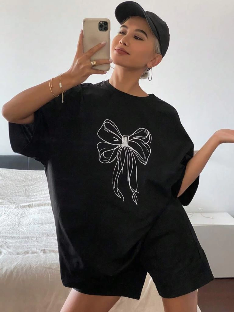 Kadın Fiyonk Baskılı T-Shirt Kısa Kol Bisiklet Yaka Oversize Tişört - Siyah