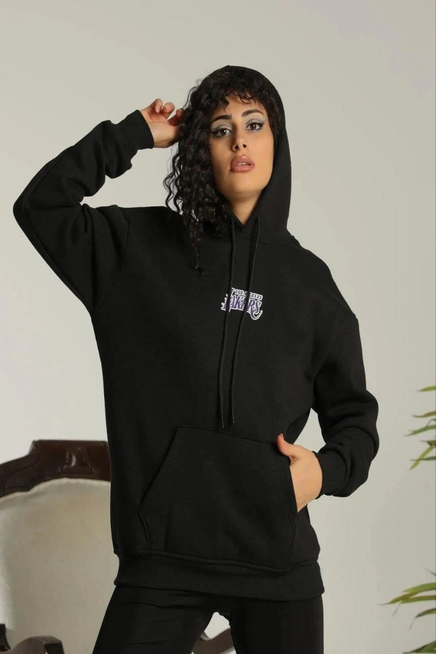 Kadın Oversize Kapüşonlu Cepli Baskılı 3 İplik Pamuklu Hoodie Sweatshirt - Siyah