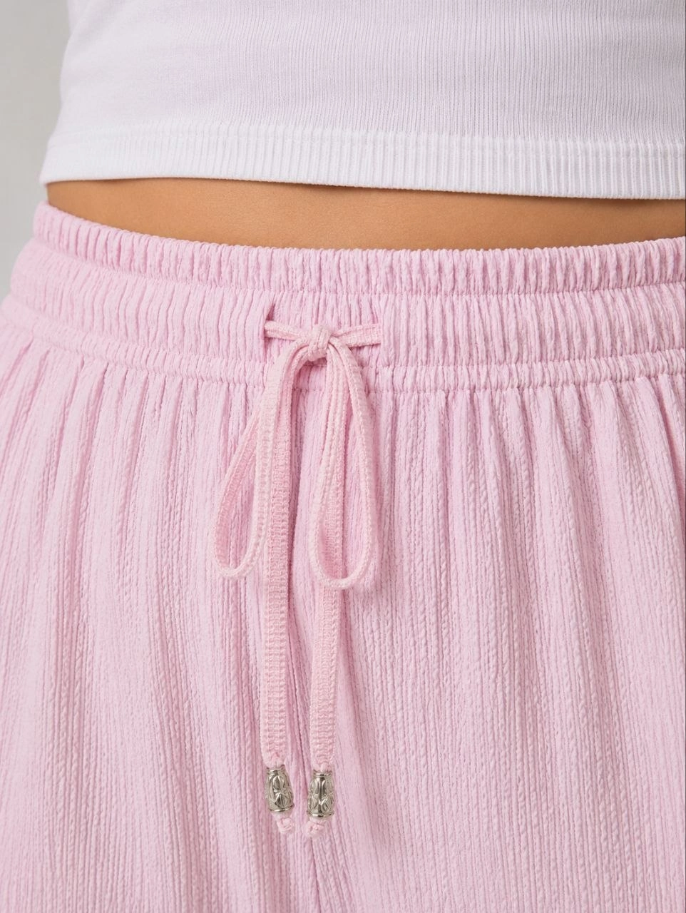 Kadın Battal Beden Bürümcük Kumaş Beli Lastikli Bağcıklı Bol Paça Palazzo Pantolon - Pembe