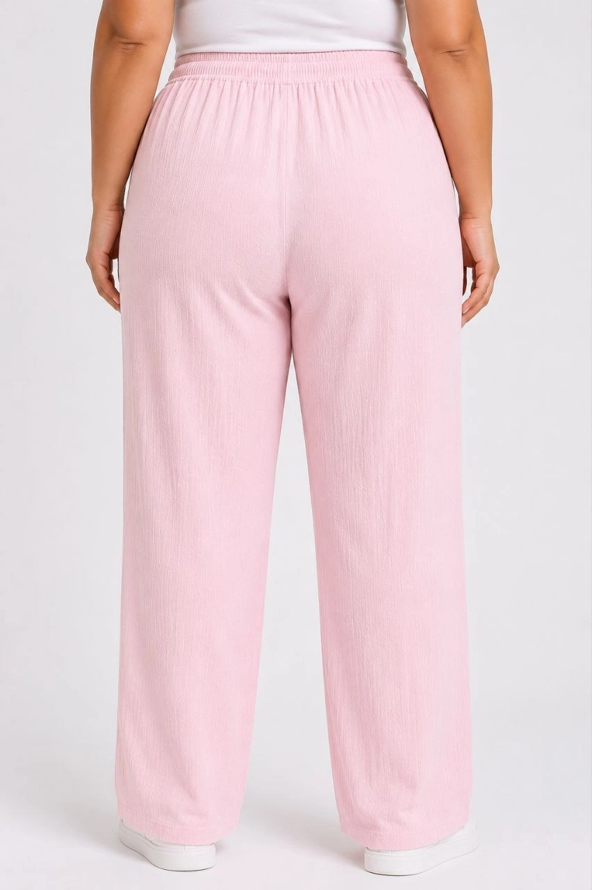 Kadın Battal Beden Bürümcük Kumaş Beli Lastikli Bağcıklı Bol Paça Palazzo Pantolon - Pembe