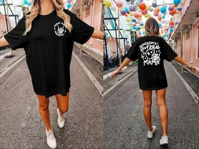 Kadın Baskılı T-Shirt Kısa Kol Bisiklet Yaka Oversize Rahat Kalıp Tişört - Siyah