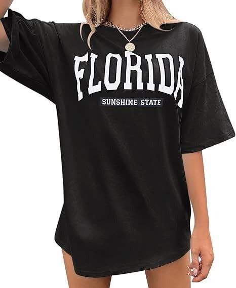 Kadın Kısa Kol Yazlık Tişört Bisiklet Yaka FLORIDA Baskılı T-Shirt - Siyah