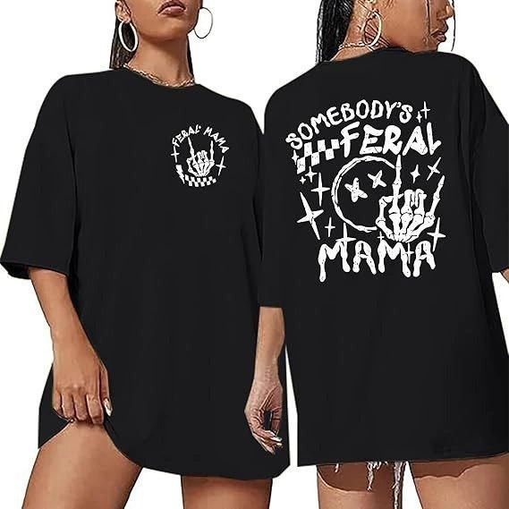 Kadın Baskılı T-Shirt Kısa Kol Bisiklet Yaka Oversize Rahat Kalıp Tişört - Siyah
