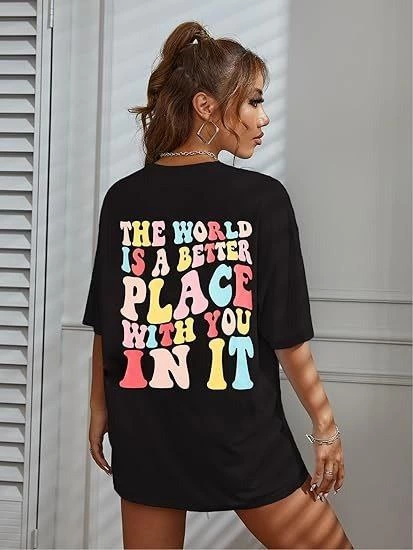 Kadın Baskılı T-Shirt Kısa Kol Bisiklet Yaka Oversize Rahat Kalıp Tişört - Siyah