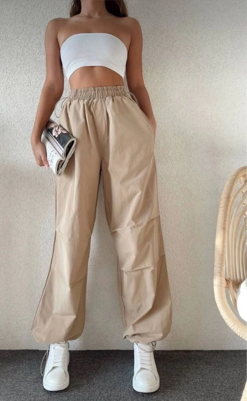 Kadın Cepli Paraşut Pantolon - Bej