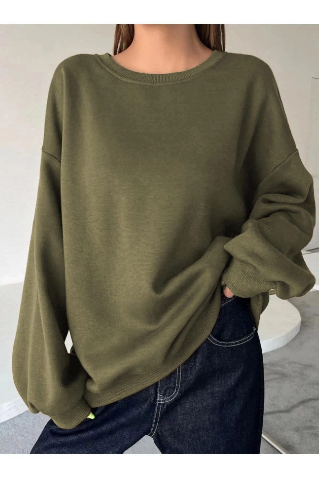 Kadın Düz Bisiklet Yaka 3 iplik  Sweatshirt - Yeşil