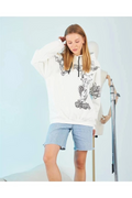 Kadın Oversize Kapüşonlu Baskılı 3 İplik Pamuklu Hoodie Sweatshirt - Beyaz