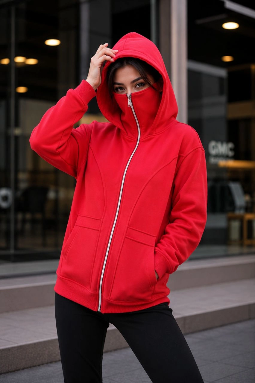 Kadın 3 İplik Şardonlu Maskeli Ninja Model Çift Kapüşonlu  Fermuarlı 4 cepli Oversize Sweatshirt - Kırmızı