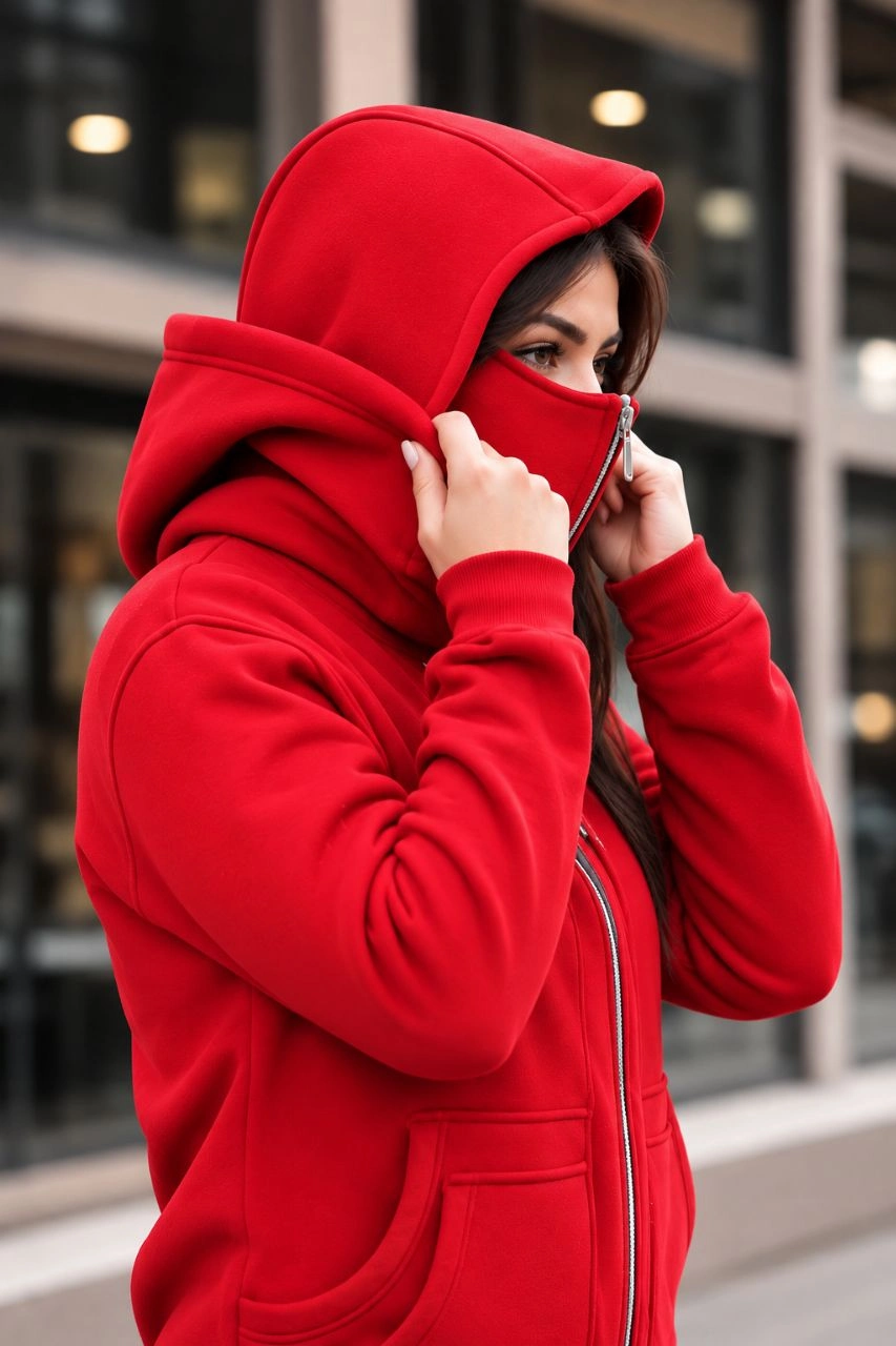 Kadın 3 İplik Şardonlu Maskeli Ninja Model Çift Kapüşonlu  Fermuarlı 4 cepli Oversize Sweatshirt - Kırmızı
