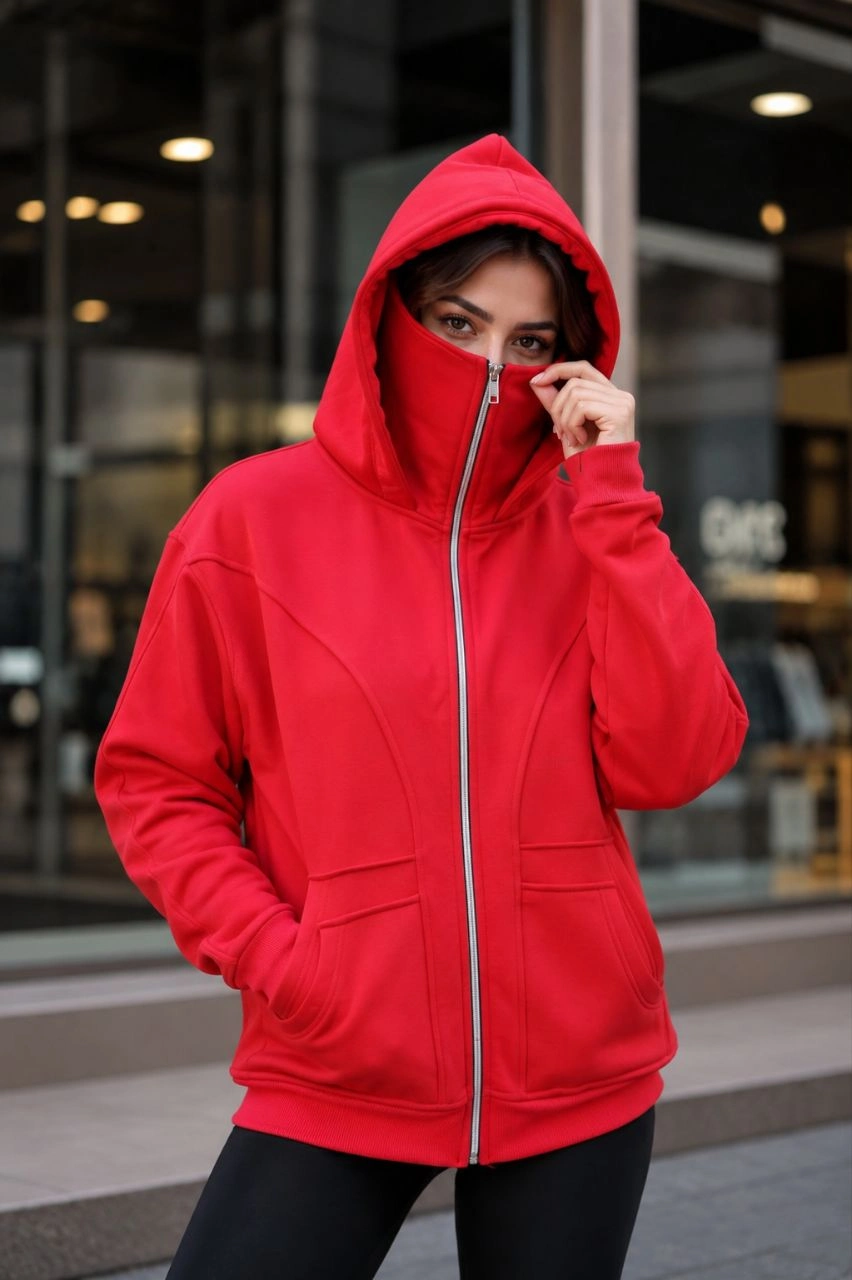 Kadın 3 İplik Şardonlu Maskeli Ninja Model Çift Kapüşonlu  Fermuarlı 4 cepli Oversize Sweatshirt - Kırmızı