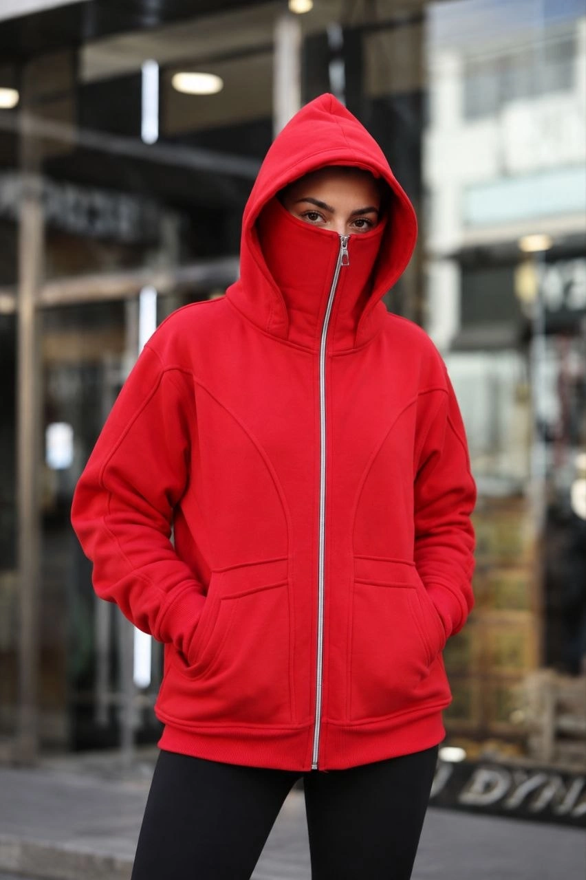 Kadın 3 İplik Şardonlu Maskeli Ninja Model Çift Kapüşonlu  Fermuarlı 4 cepli Oversize Sweatshirt - Kırmızı