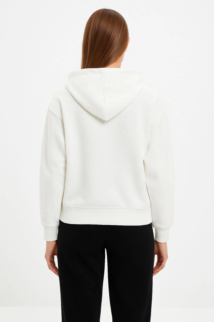 Kadın Kapüşonlu 3 İplik Pamuklu Önü Baskılı Fermuarlı Oversize Hoodie Sweatshirt - Beyaz