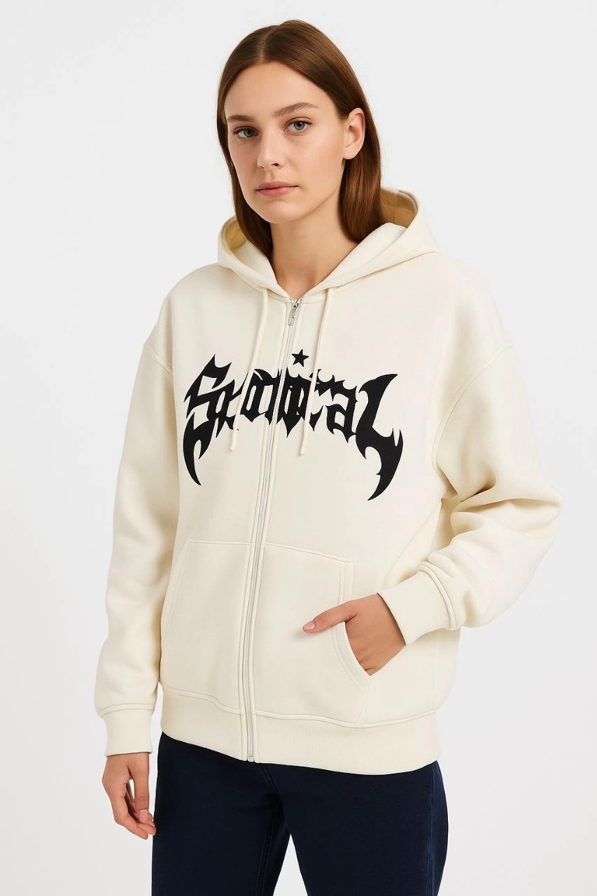 Kadın Kapüşonlu 3 İplik Pamuklu Önü Baskılı Fermuarlı Oversize Hoodie Sweatshirt - Beyaz
