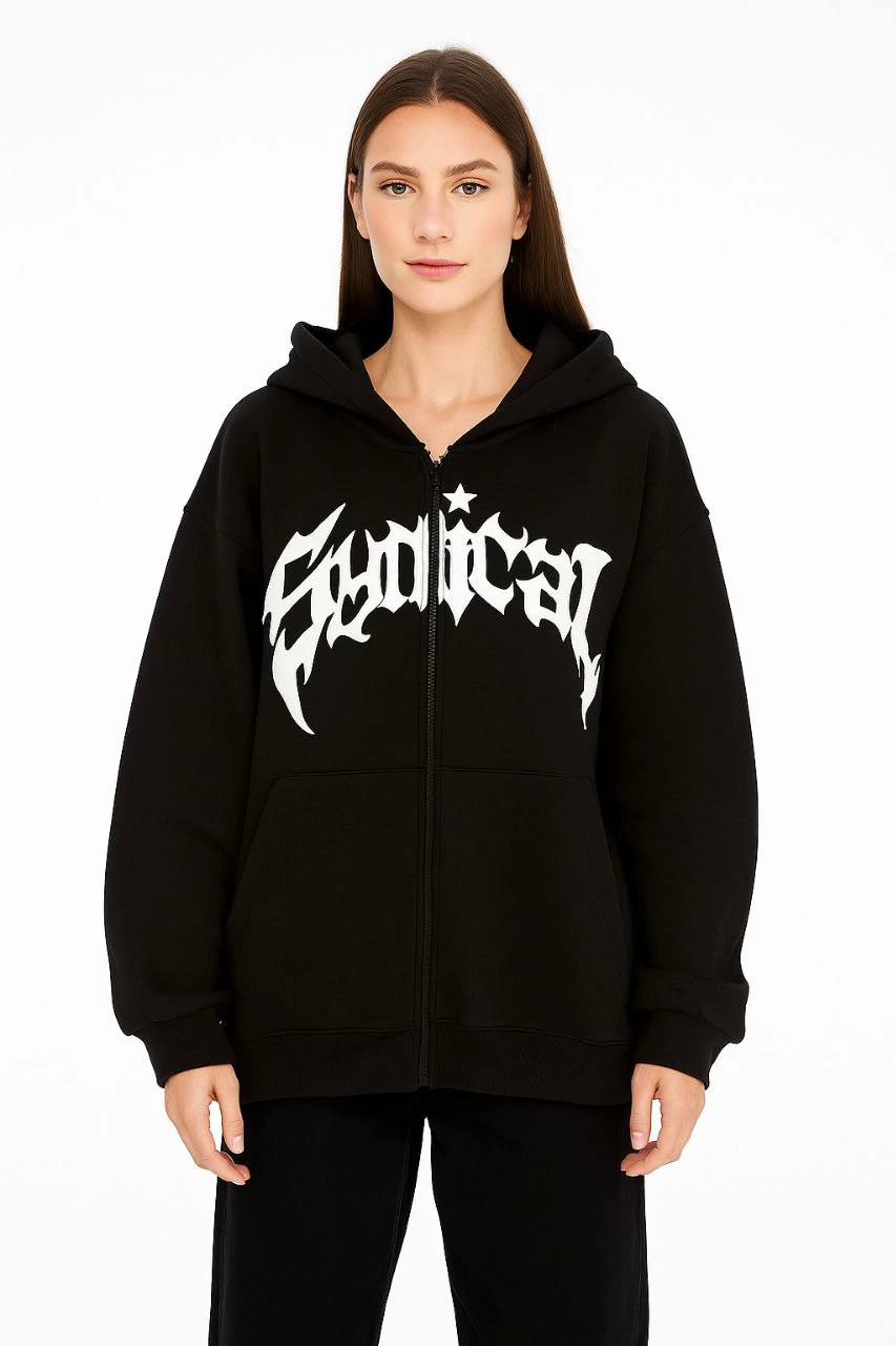Kadın Kapüşonlu 3 İplik Şardonlu Önü Baskılı Fermuarlı Oversize Sweatshirt - Siyah