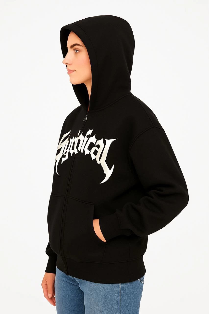 Kadın Kapüşonlu 3 İplik Şardonlu Önü Baskılı Fermuarlı Oversize Sweatshirt - Siyah