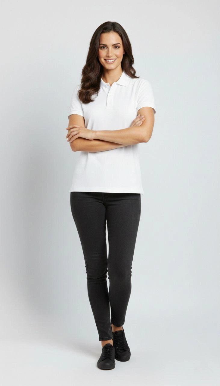 Kadın Polo Yaka Tişört Pike Kumaş Kısa Kol Regular Fit Yazlık T-Shirt - Beyaz
