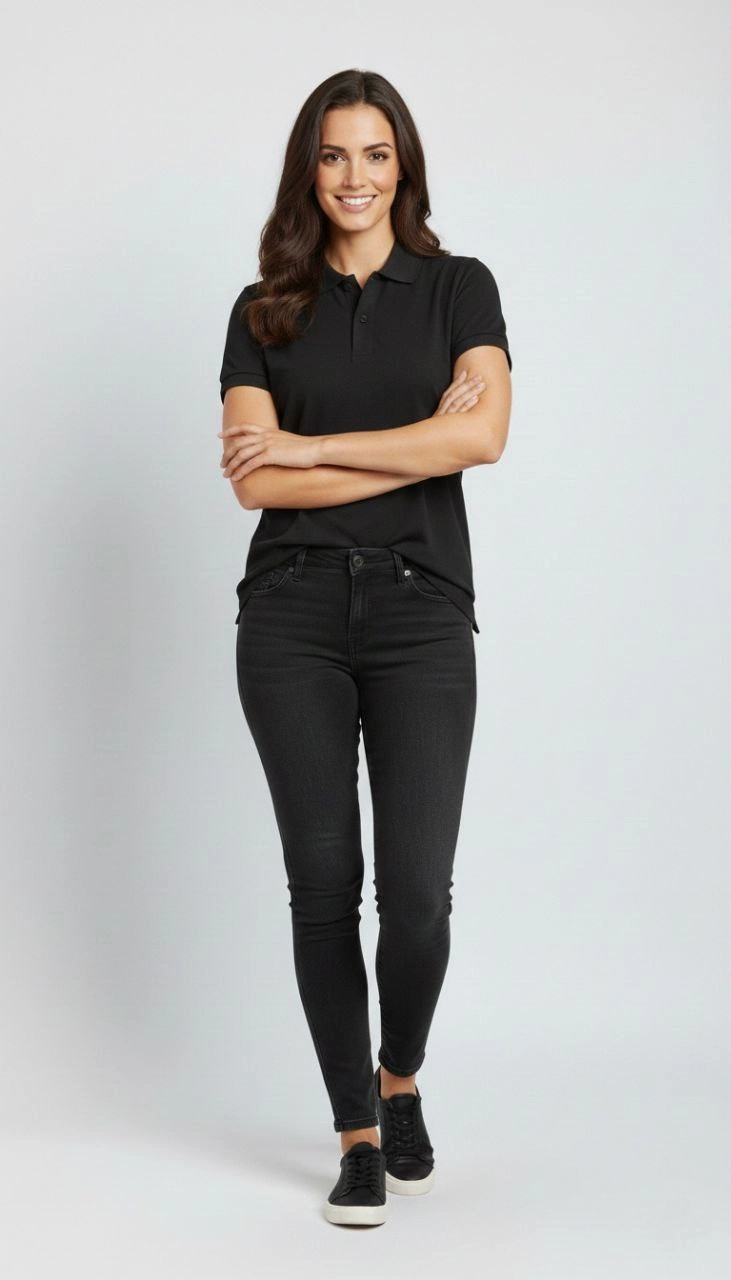 Kadın Polo Yaka Tişört Pike Kumaş Kısa Kol Regular Fit Yazlık T-Shirt - Siyah