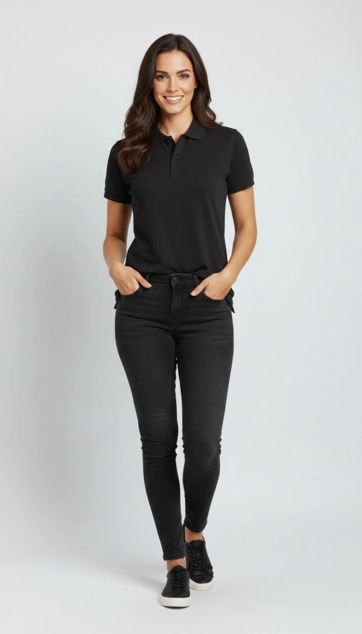 Kadın Polo Yaka Tişört Pike Kumaş Kısa Kol Regular Fit Yazlık T-Shirt - Siyah
