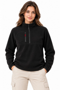 Kadın Polar Dik Yaka Yarım Fermuarlı Fermuarlı Göğüs Cepli Regular Fit Kışlık Sweatshirt - Siyah