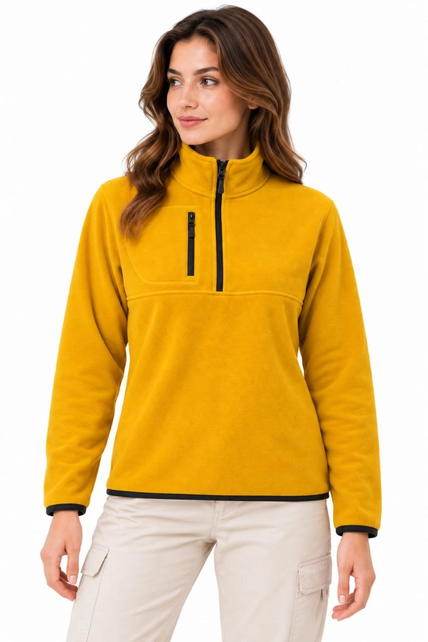 Kadın Polar Dik Yaka Yarım Fermuarlı Fermuarlı Göğüs Cepli Regular Fit Kışlık Sweatshirt - Hardal Sarısı