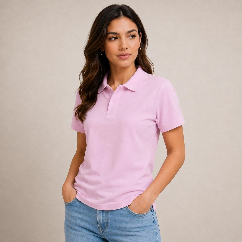 Kadın Polo Yaka Pike Kumaş Düğmeli Basic Tişört Günlük Rahat - Pembe
