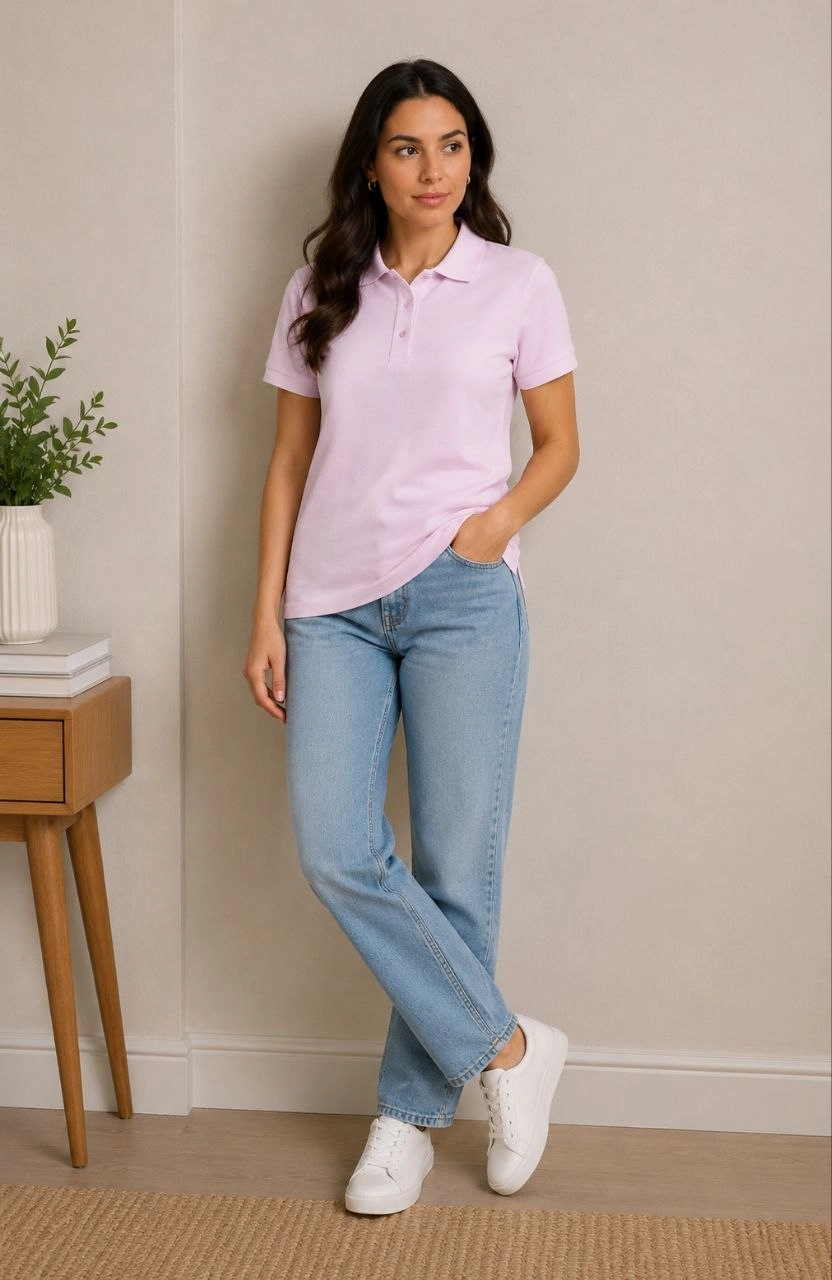 Kadın Polo Yaka Pike Kumaş Düğmeli Basic Tişört Günlük Rahat - Pembe