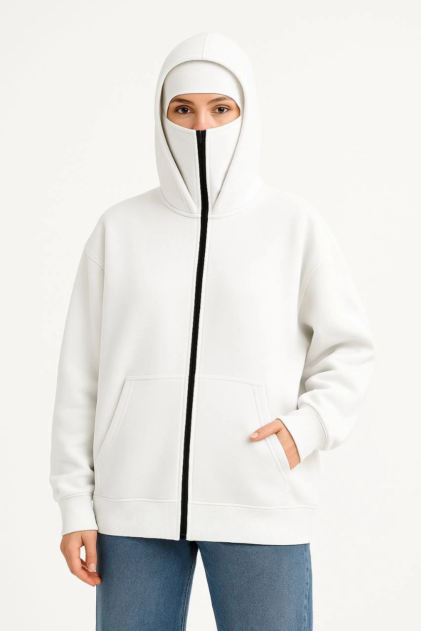 Kadın Samuray Ninja Çift Kapüşonlu Maske Detaylı 3 İplik Hoodie - Beyaz