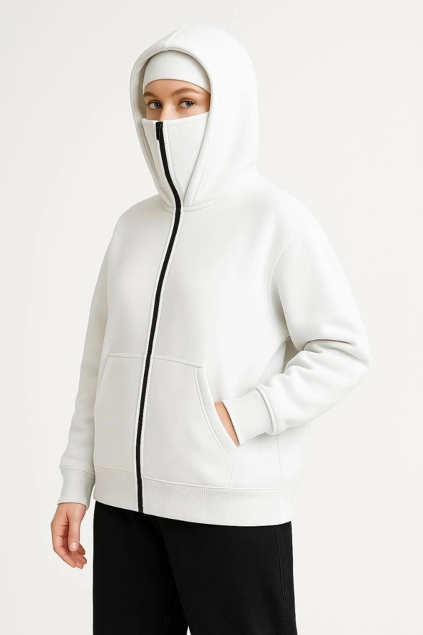 Kadın Samuray Ninja Çift Kapüşonlu Maske Detaylı 3 İplik Hoodie - Beyaz