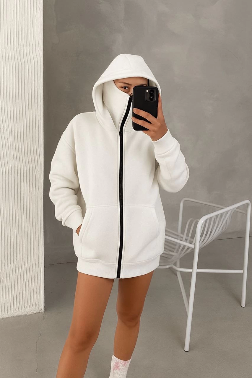 Kadın Samuray Ninja Çift Kapüşonlu Maske Detaylı 3 İplik Hoodie - Beyaz