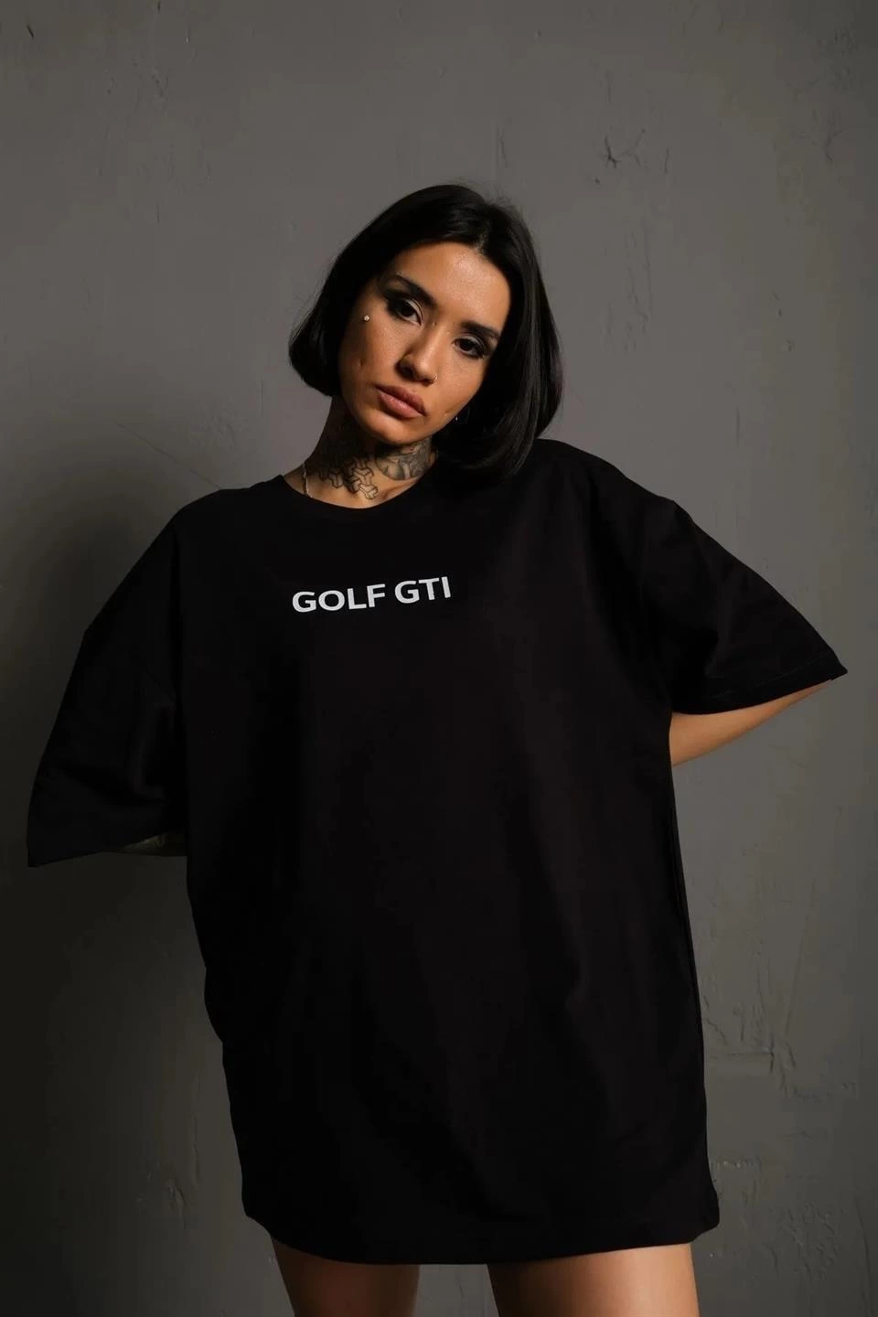 Kadın Oversize Tişört Golf GTI Retro Araba Baskılı T-shirt - Siyah