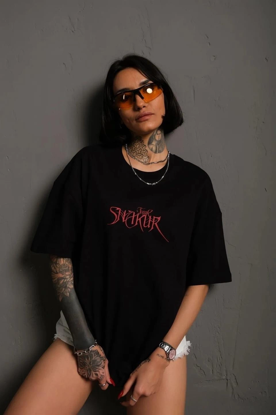 Kadın Baskılı T-Shirt Oversize Kısa kol Bisiklet yaka tişort- Siyah