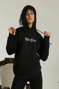 Kadın Oversize Kapüşonlu Cepli Baskılı 3 İplik Pamuklu Hoodie Sweatshirt -  Siyah