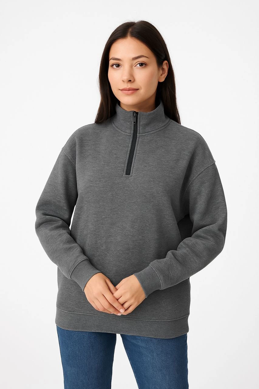 Kadın 3 İplik Pamuklu Dık Yaka Yarım Fermuarlı SweatShirt - Antrasit