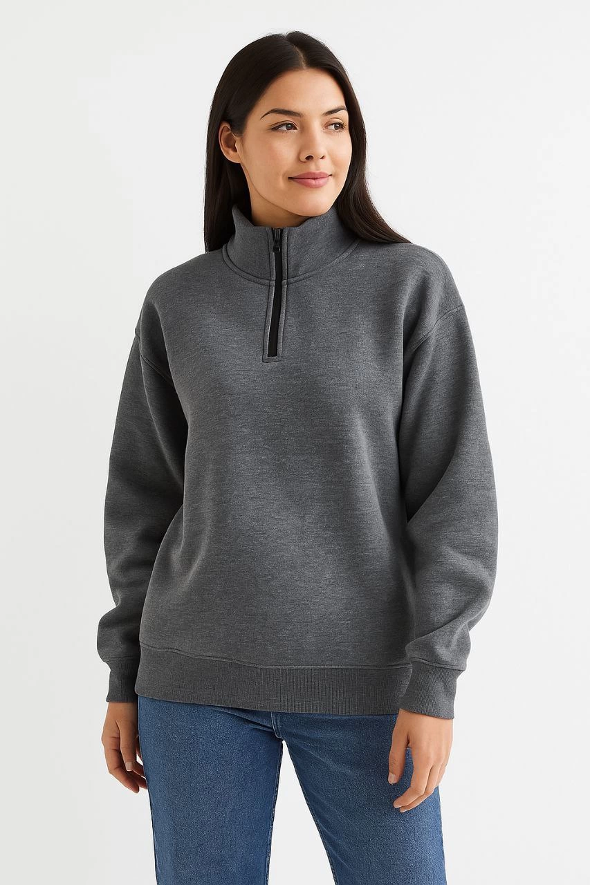 Kadın 3 İplik Pamuklu Dık Yaka Yarım Fermuarlı SweatShirt - Antrasit