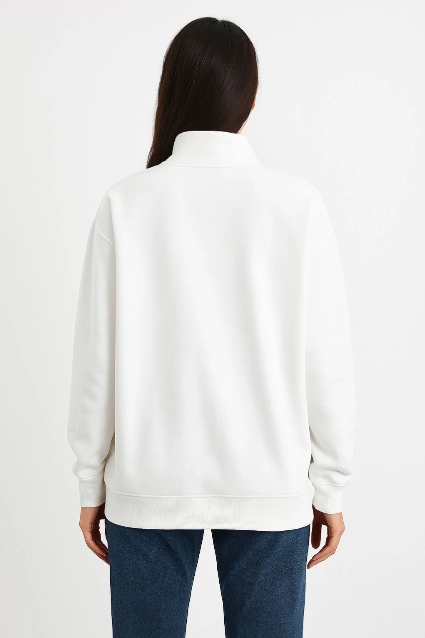 Kadın 3 İplik Pamuklu Dık Yaka Yarım Fermuarlı SweatShirt - Beyaz