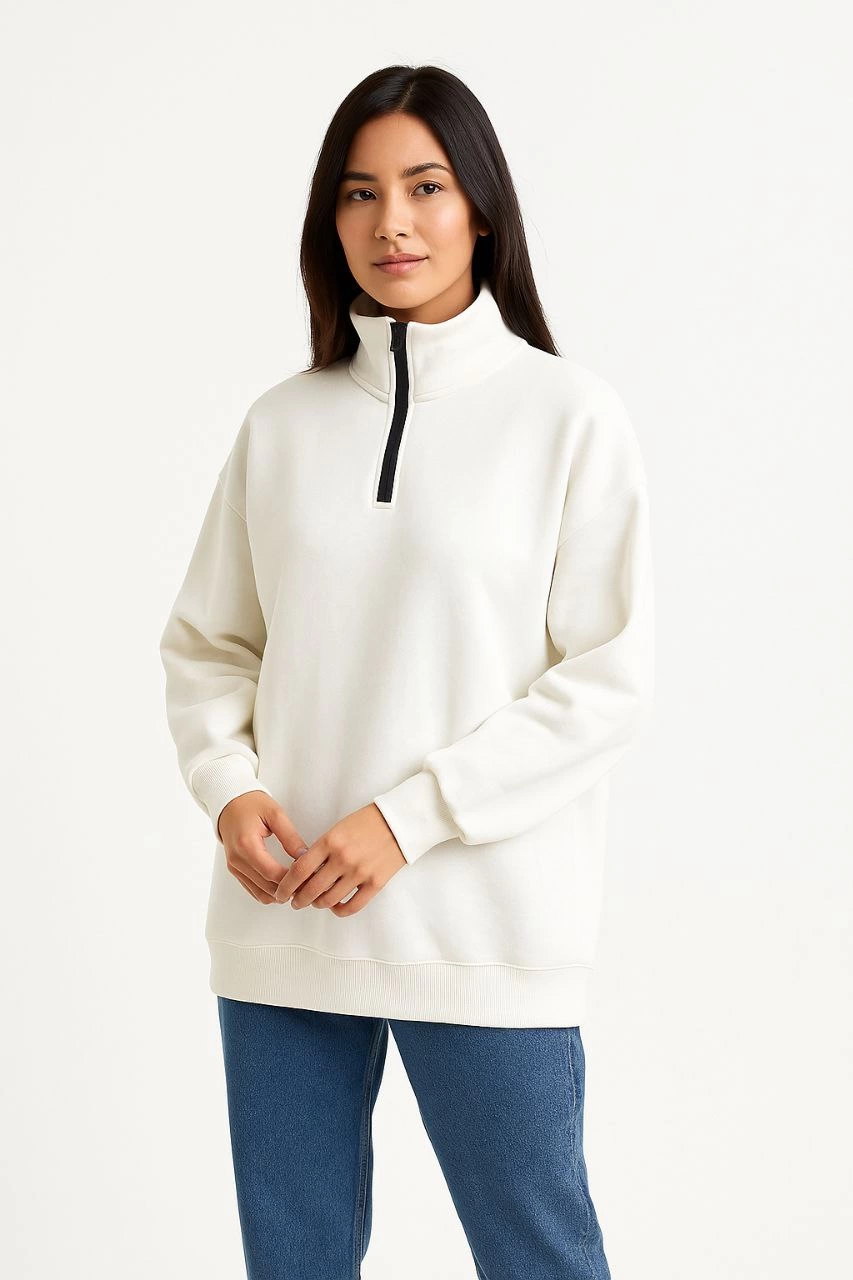 Kadın 3 İplik Pamuklu Dık Yaka Yarım Fermuarlı SweatShirt - Beyaz