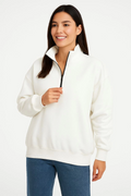 Kadın 3 İplik Pamuklu Dık Yaka Yarım Fermuarlı SweatShirt - Beyaz