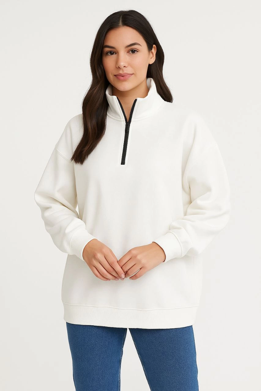 Kadın 3 İplik Pamuklu Dık Yaka Yarım Fermuarlı SweatShirt - Beyaz