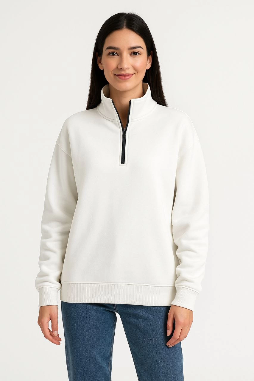 Kadın 3 İplik Pamuklu Dık Yaka Yarım Fermuarlı SweatShirt - Beyaz