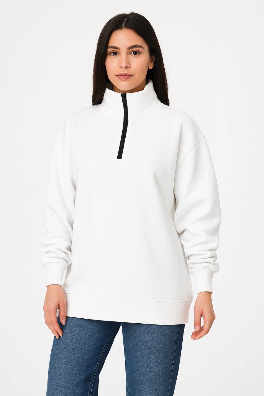 Kadın 3 İplik Pamuklu Dık Yaka Yarım Fermuarlı SweatShirt - Beyaz