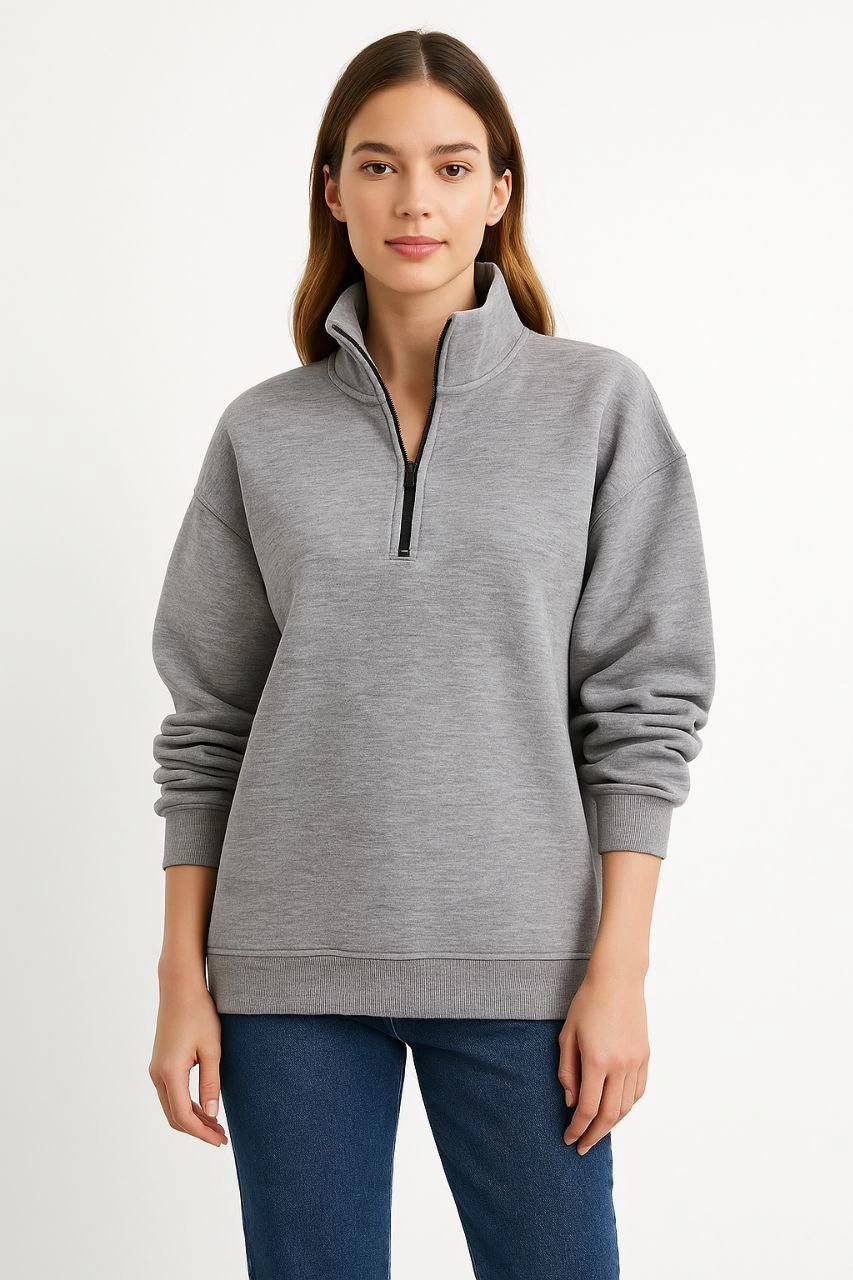 Kadın 3 İplik Pamuklu Dık Yaka Yarım Fermuarlı SweatShirt - Gri