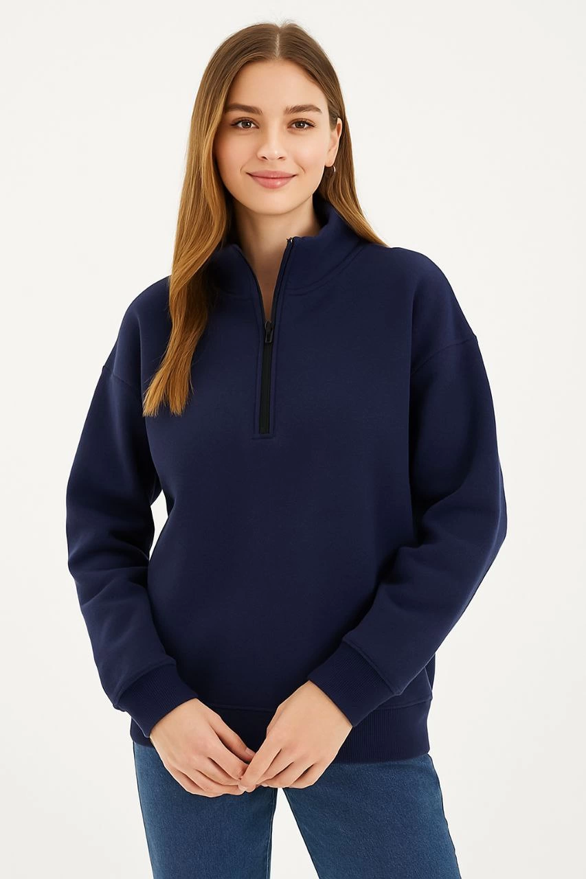 Kadın 3 İplik Pamuklu Dık Yaka Yarım Fermuarlı SweatShirt - Lacivert