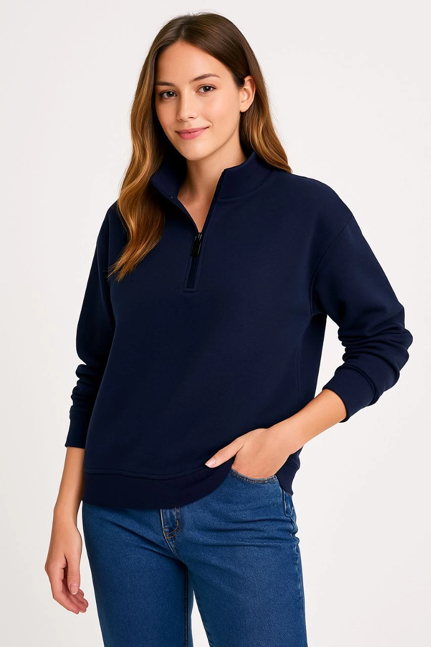 Kadın 3 İplik Pamuklu Dık Yaka Yarım Fermuarlı SweatShirt - Lacivert
